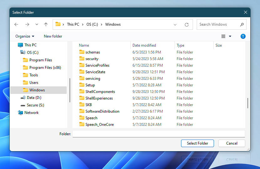 Browse for folder Windows dialog box