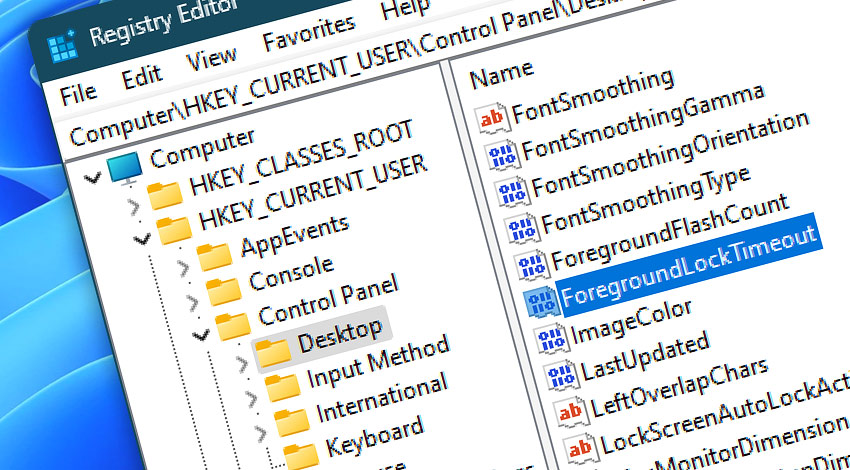 Registry Editor · Modify ForegroundLockTimeout value