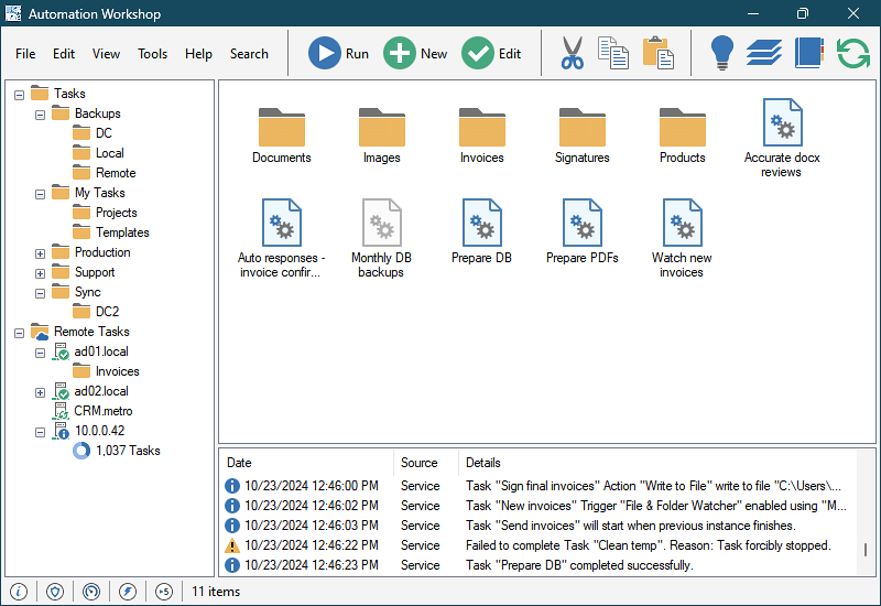 The main window of Automation Workshop showing common operations, a log, folders and Tasks