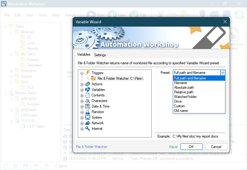 Variable Wizard showing various filename and path types