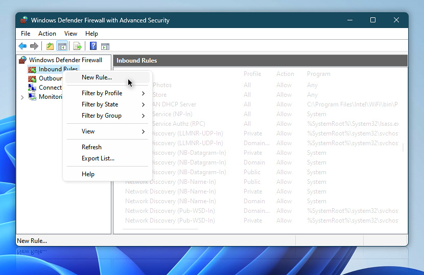 Windows Defender Firewall with Advanced Security · New inbound rule