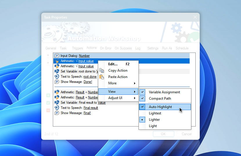 Task Properties · Actions · Auto highlighting