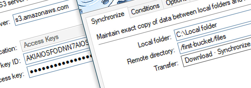 Connect to s3.amazonaws.com · Synchronize files · Download