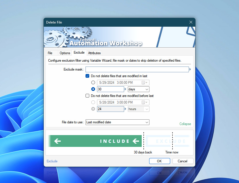 Delete File filter: Do not delete files that are modified in last 30 days