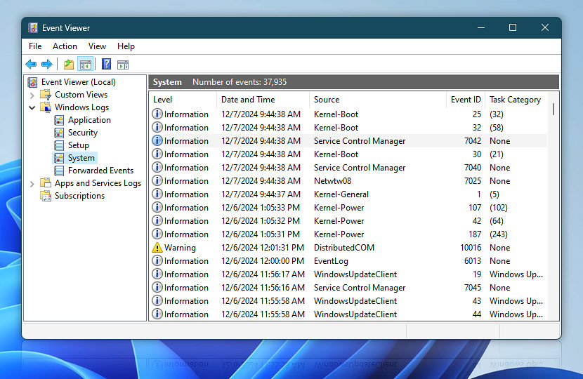 Event Viewer · Windows Logs · System · Service Control Manager