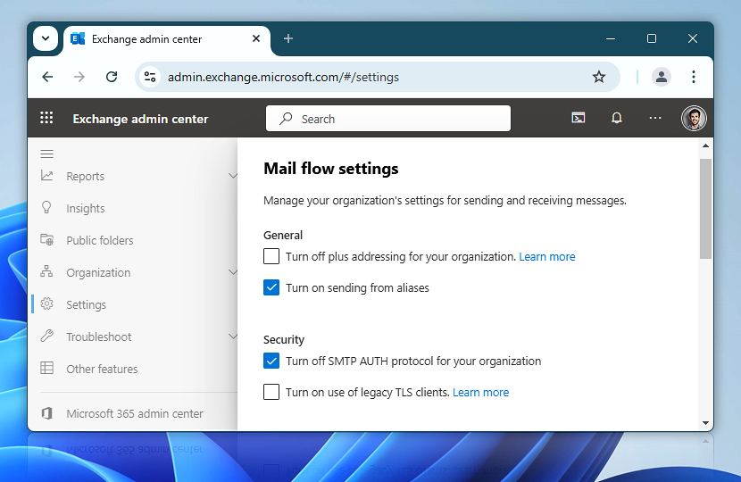 Exchange Admin Center · Mail flow settings