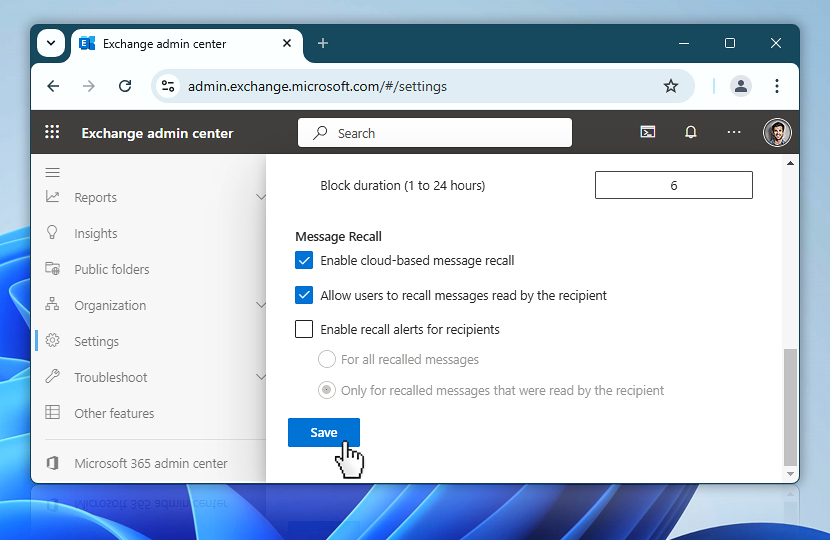 Exchange Admin Center · Save SMTP settings