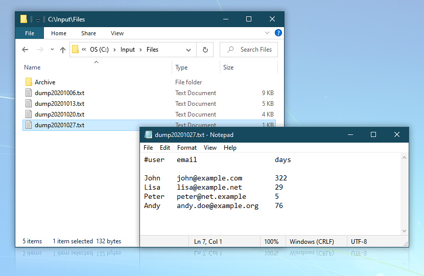 Windows Explorer C:\Input\Files · Notepad dump20201027.txt