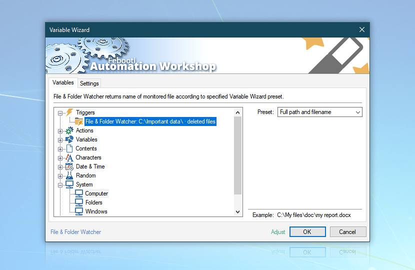 Variable Wizard: get the name of deleted file