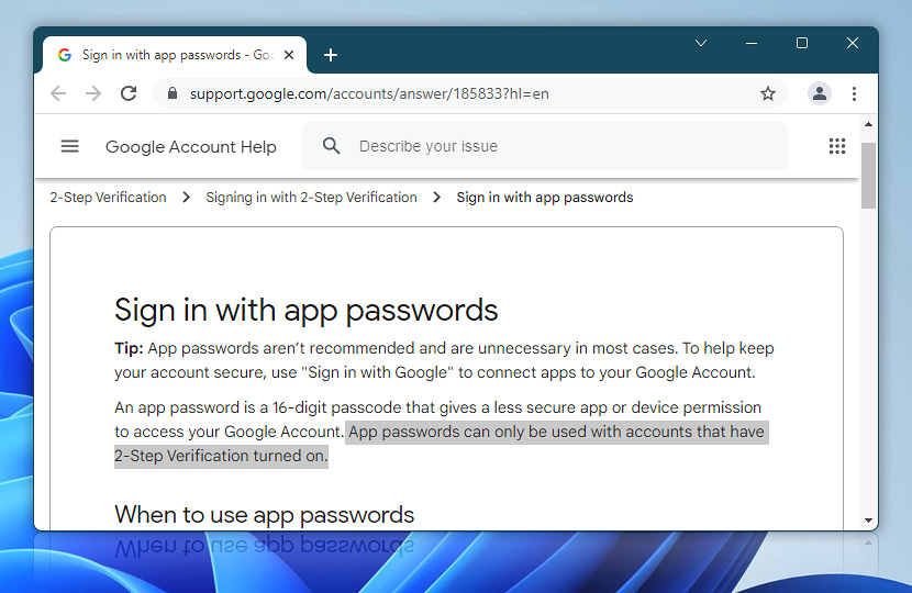 Enable Google App passwords for SMTP