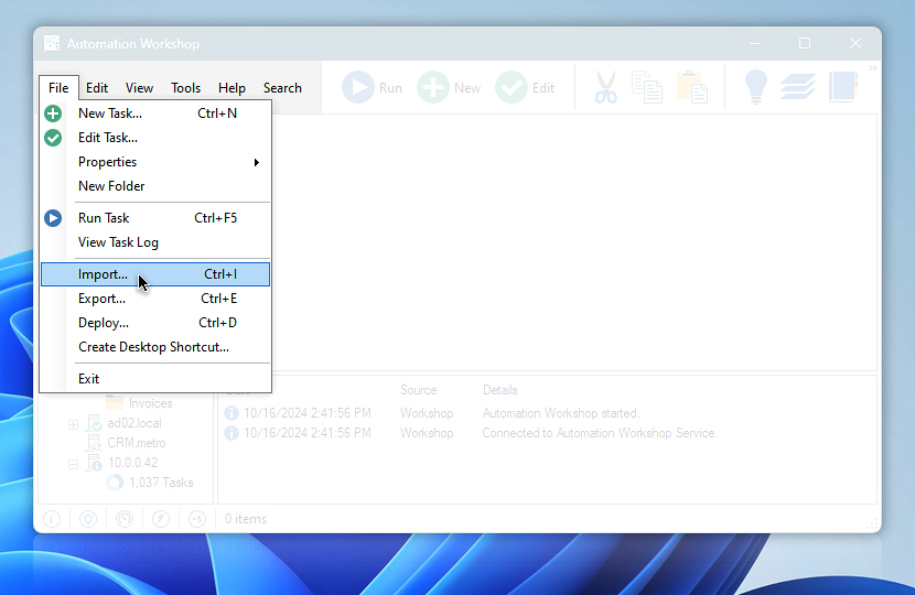 Automation Workshop File menu, Import…