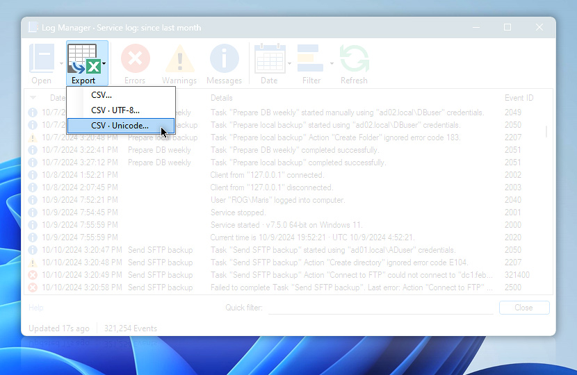 Log Manager · export to CSV file (ASCII / UTF-8 / Unicode)