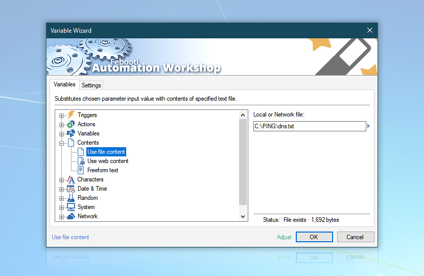 Variable Wizard · Use file content · Local or network file: C:\PING\dns.txt