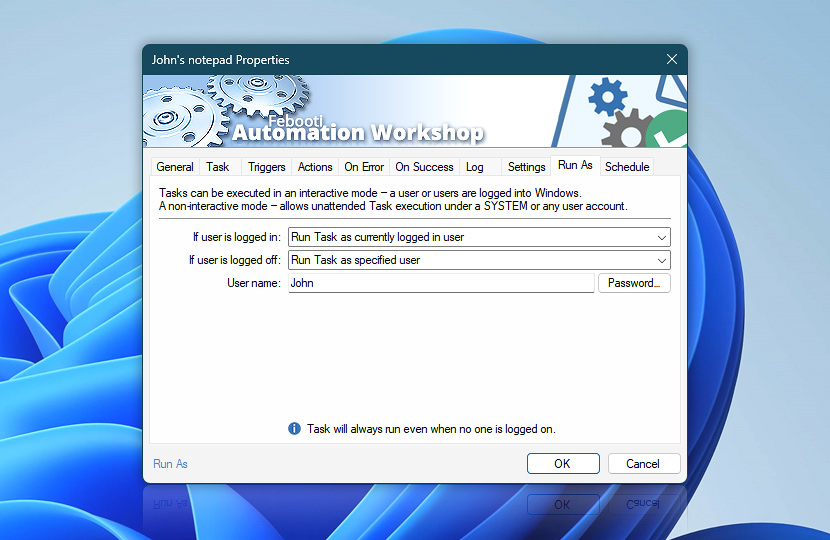 Task Run As settings · John's notepad