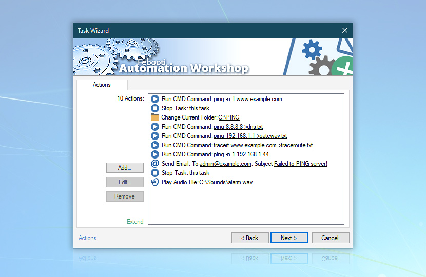 Task Wizard · 10 Actions · Run; Stop; Change; Run; Run; Run; Run; Send; Stop; Play