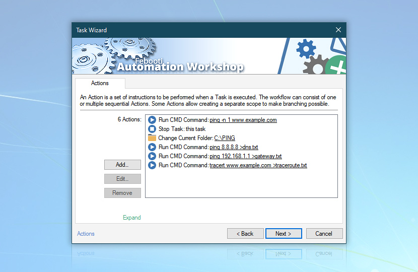 Task Wizard · 6 Actions · Run; Stop; Change; Run; Run; Run