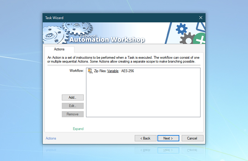 Task Wizard: Actions · Zip Files