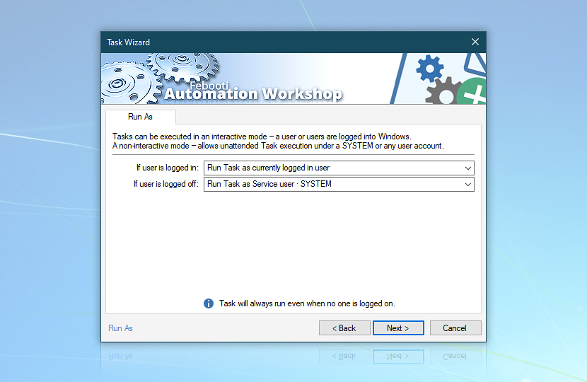 Task Wizard Run As properties