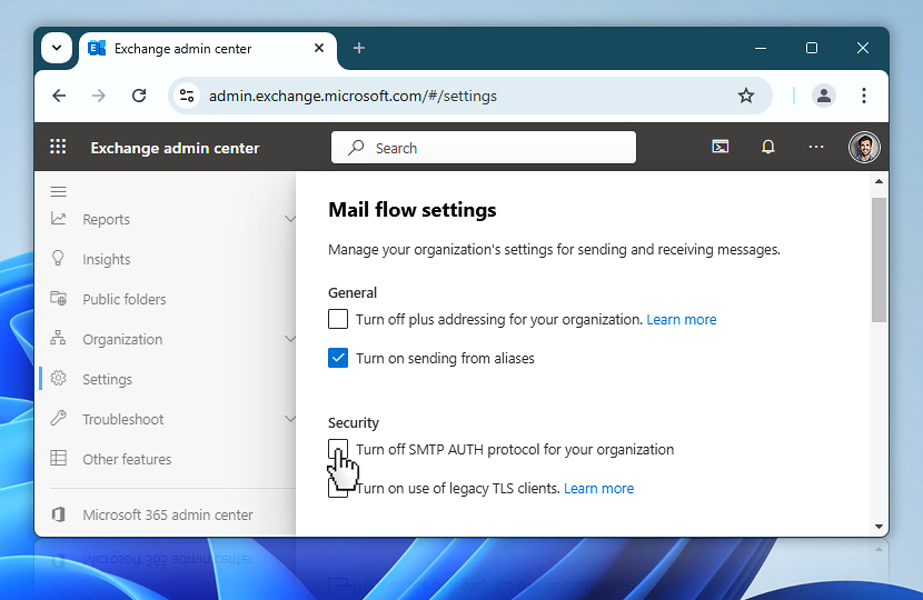 Microsoft Office 365 · Turn on SMTP AUTH protocol