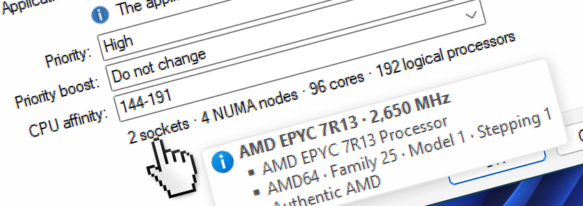 CPU affinity on 2 sockets, 4 NUMA nodes, 96 cores, 192 logical processors