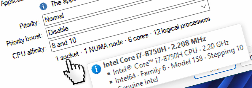 CPU affinity on 1 socket, 1 NUMA node, 6 cores, 12 logical processors