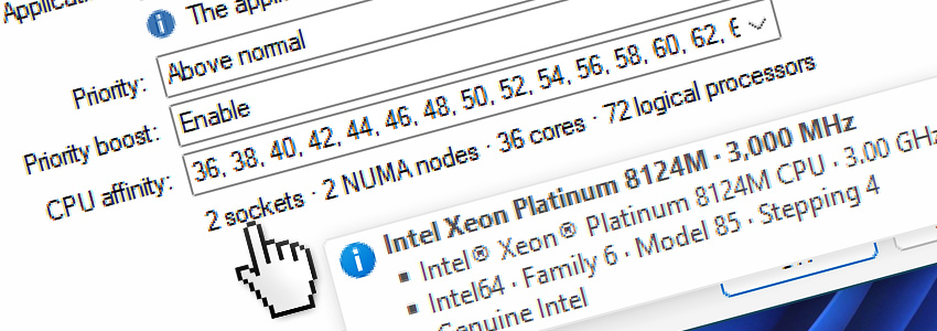 CPU affinity on 2 sockets, 2 NUMA nodes, 36 cores, 72 logical processors