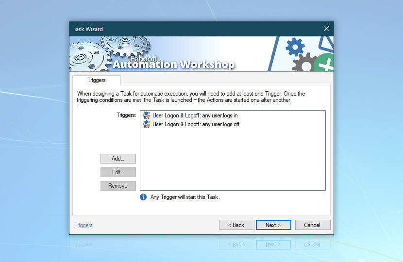 Task Wizard: 2 Triggers (user logon & logoff)