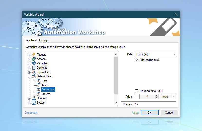 Variable Wizard · Time component · Hours (24)