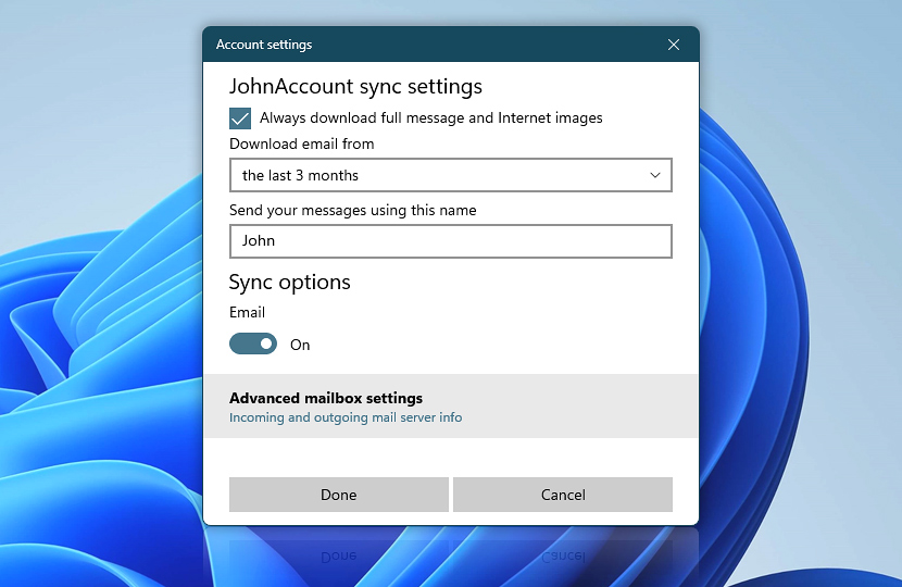 Windows Mail · Account sync settings