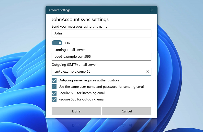 Windows Mail · Advanced mailbox settings