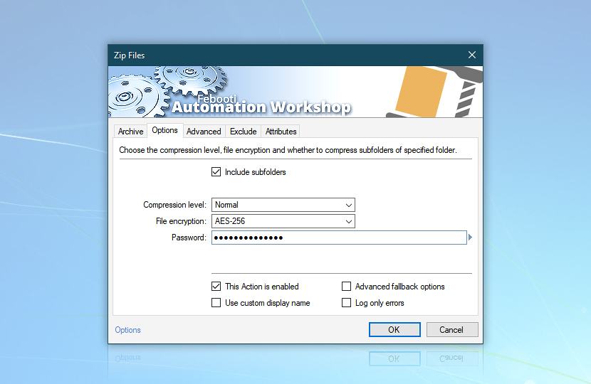 Zip Files: Compression level normal & File encryption AES-256