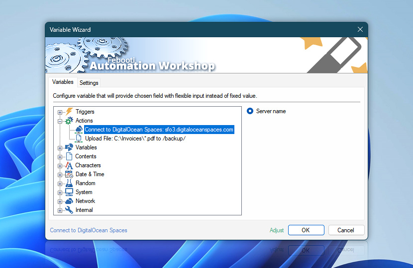 Variable Wizard · Connect to DigitalOcean Spaces