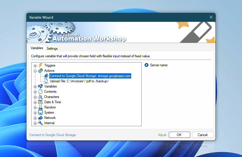 Variable Wizard · Connect to Google Cloud Storage