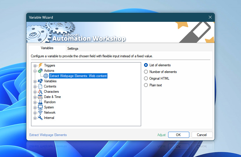 Variable Wizard · Extract Webpage Elements