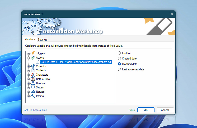 Variable Wizard · Get File Date & Time