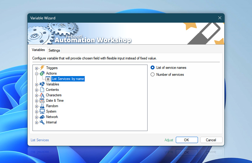 Variable Wizard · List Services